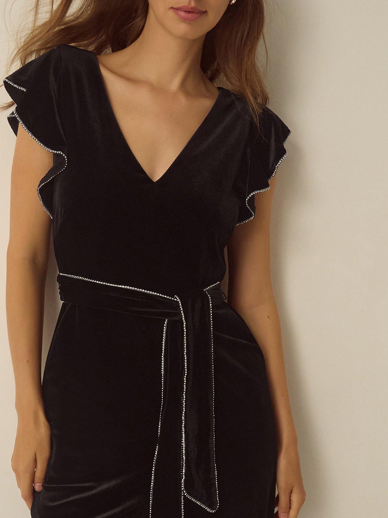 Image 2 of 5 of Monsoon Womens Dionne Velvet Diamant&eacute; Trim Wide Leg Jumpsuit - Black