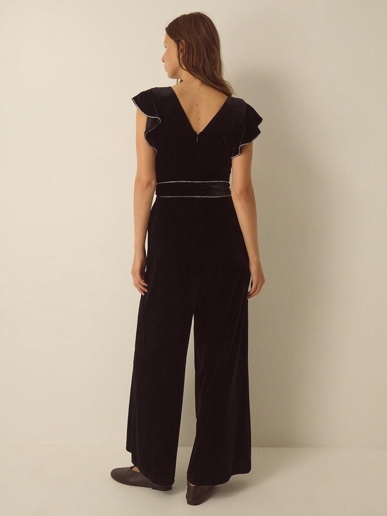 Image 3 of 5 of Monsoon Womens Dionne Velvet Diamant&eacute; Trim Wide Leg Jumpsuit - Black