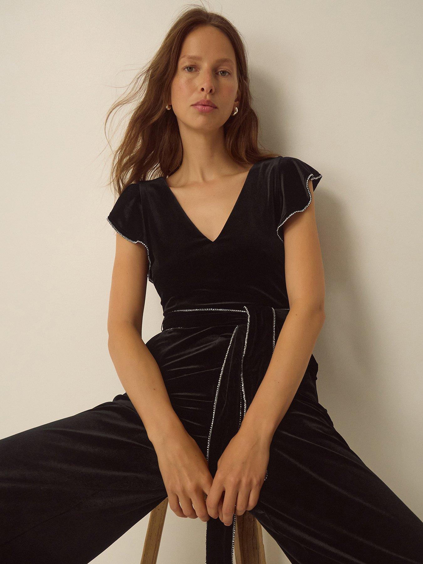 Image 4 of 5 of Monsoon Womens Dionne Velvet Diamant&eacute; Trim Wide Leg Jumpsuit - Black
