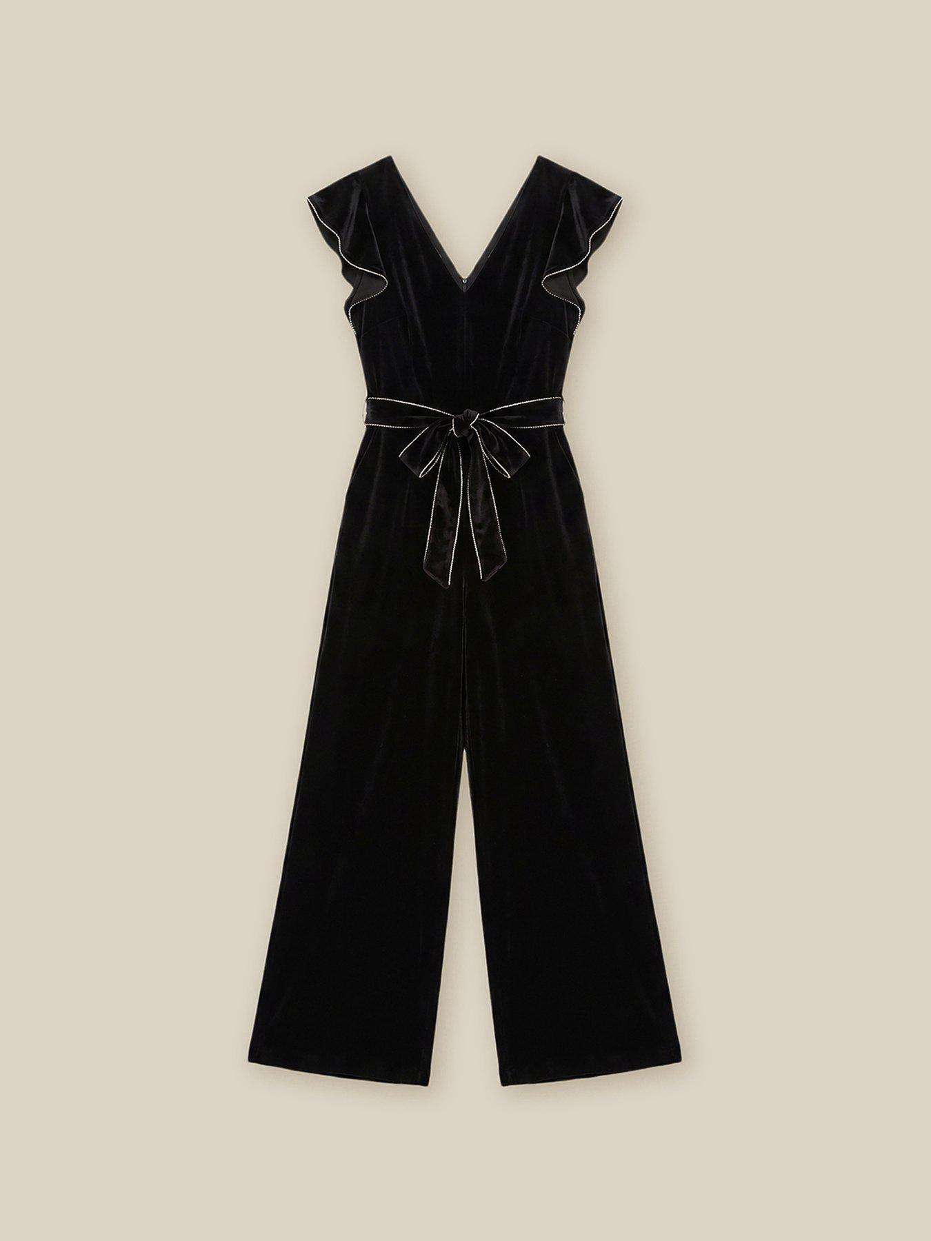 Image 5 of 5 of Monsoon Womens Dionne Velvet Diamant&eacute; Trim Wide Leg Jumpsuit - Black