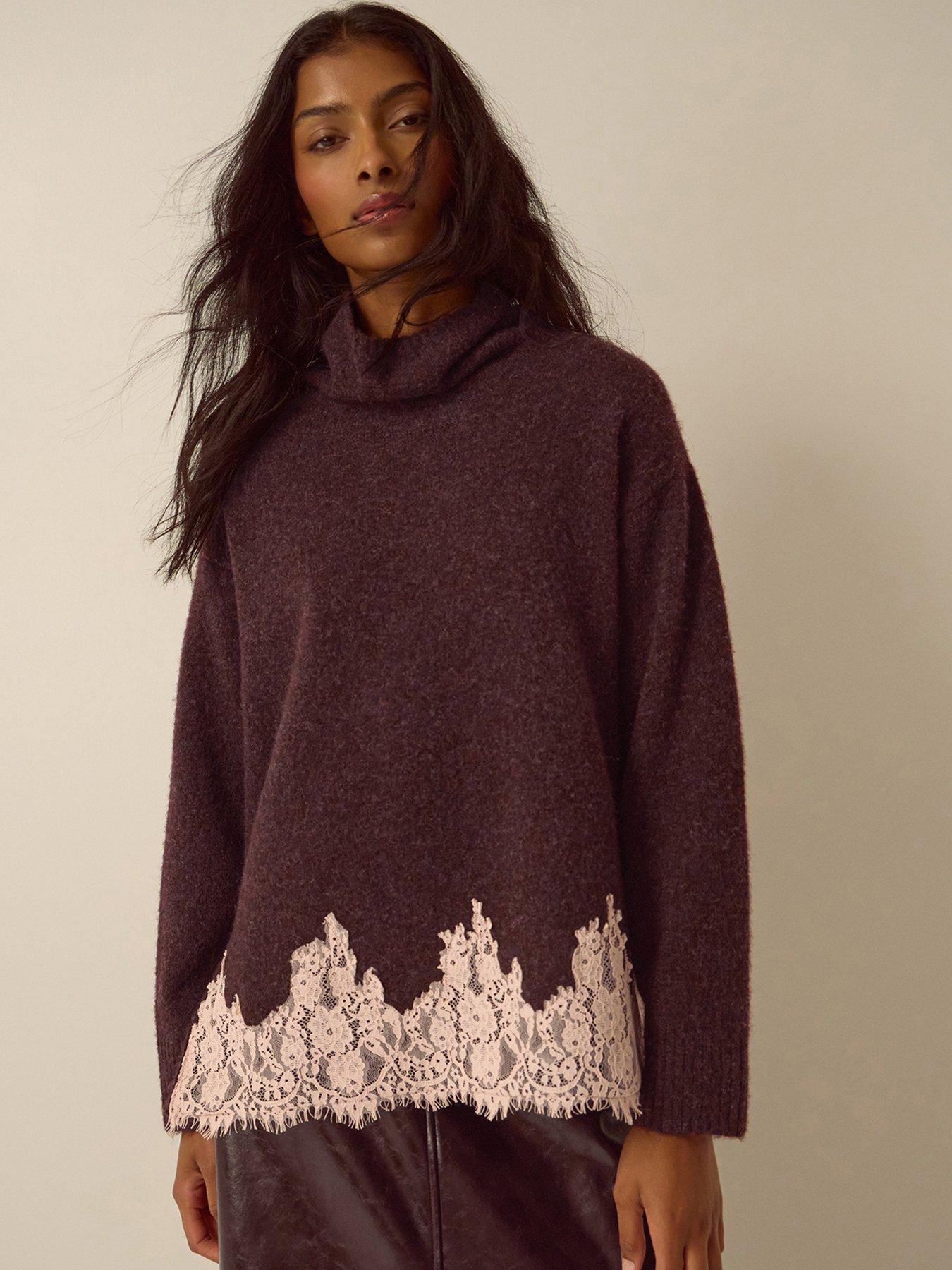 Monsoon Womens Lace Hem Roll Neck Jumper - Brown