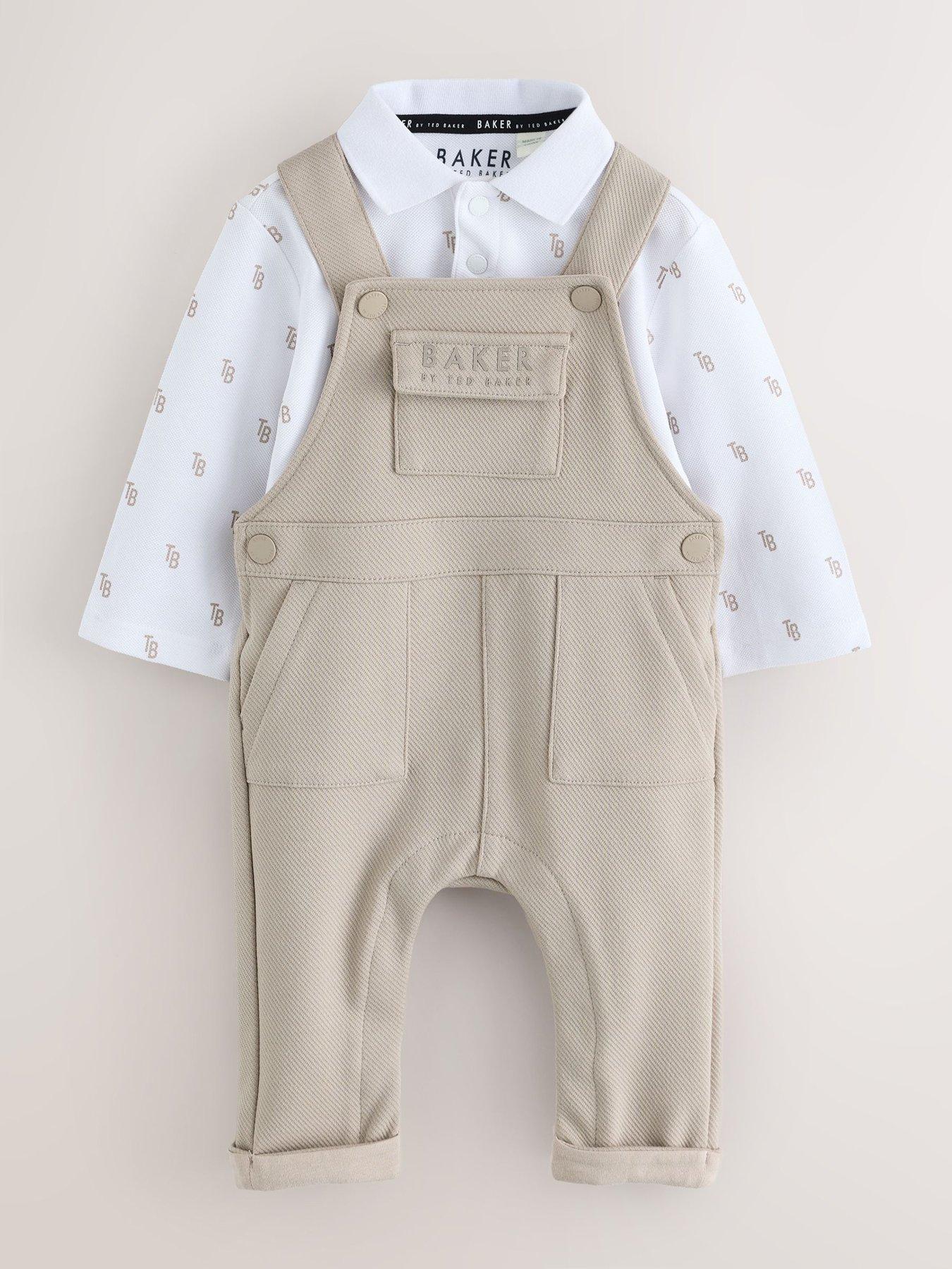 Image 1 of 5 of Ted Baker Baby Boys Textured Dungaree And All Over Print Polo Shirt Set - Stone