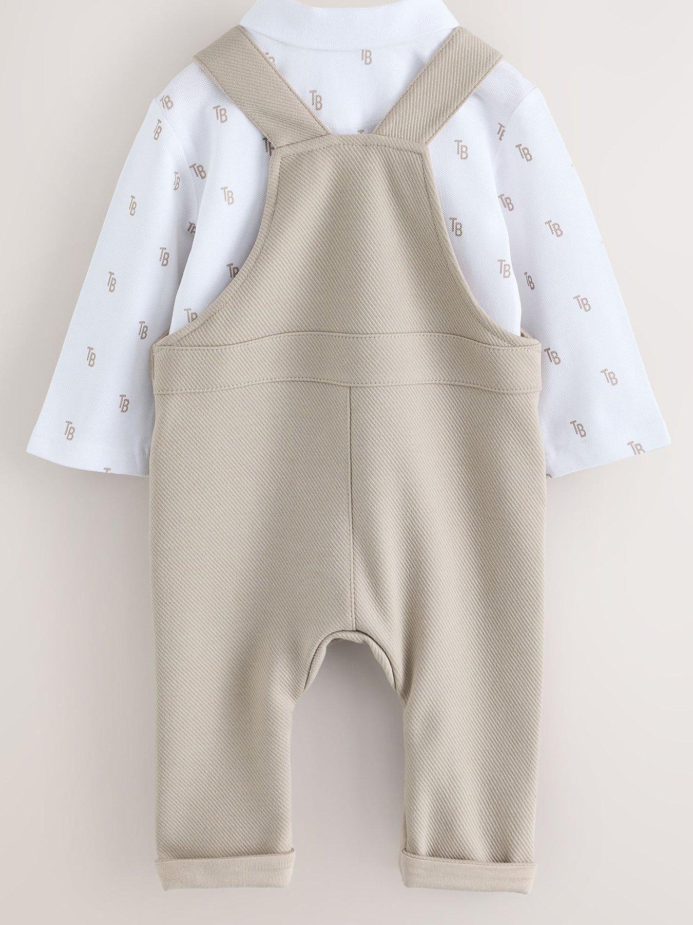 Image 2 of 5 of Ted Baker Baby Boys Textured Dungaree And All Over Print Polo Shirt Set - Stone