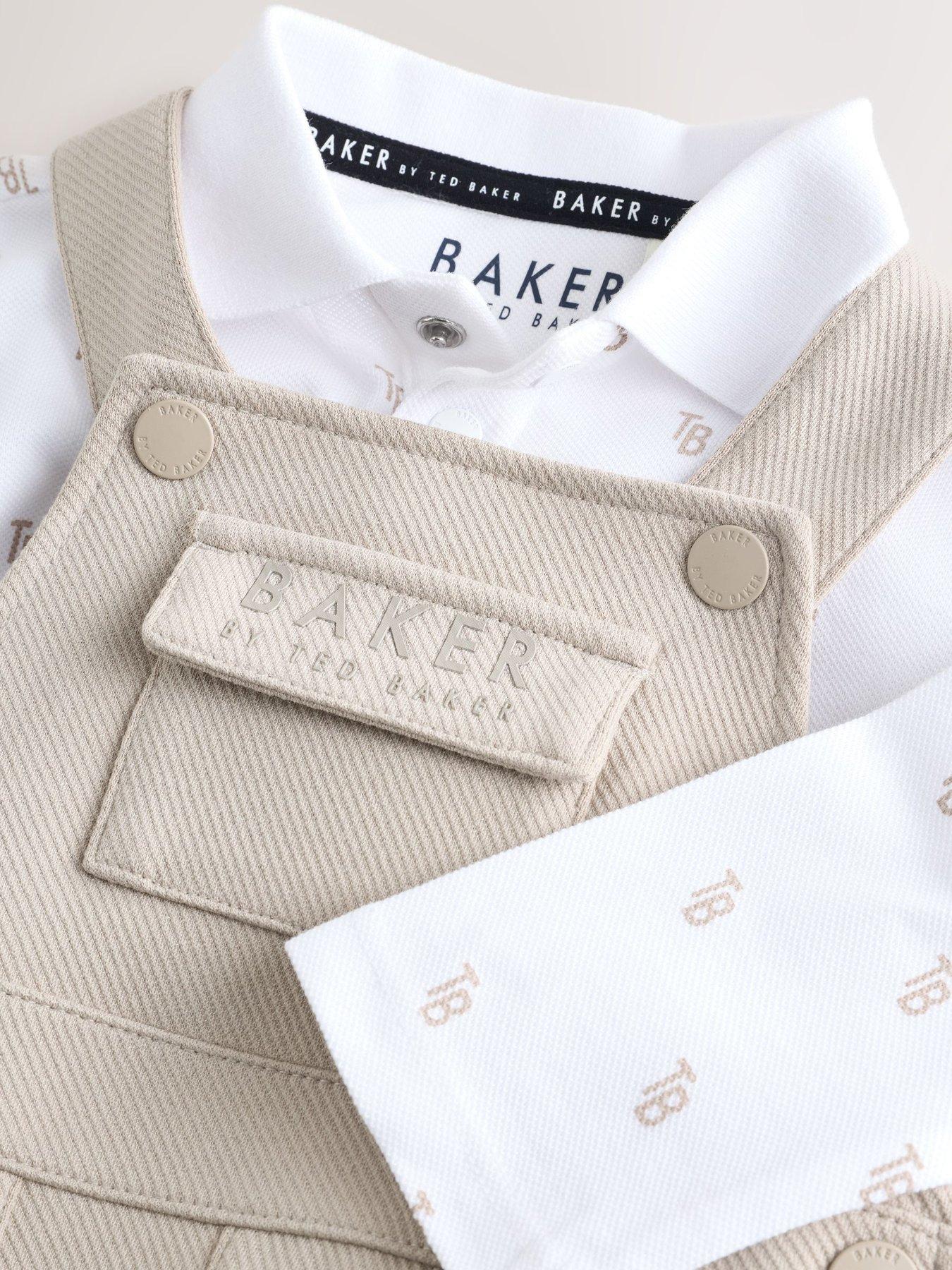 Image 4 of 5 of Ted Baker Baby Boys Textured Dungaree And All Over Print Polo Shirt Set - Stone