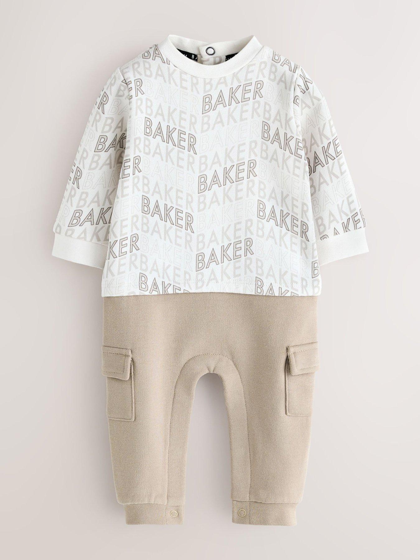 Image 1 of 5 of Baker by Ted Baker Baby Boys Letter Print Mockable Rompersuit - Beige