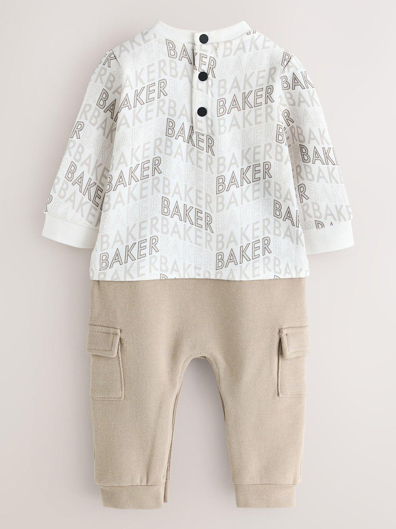 Image 2 of 5 of Baker by Ted Baker Baby Boys Letter Print Mockable Rompersuit - Beige