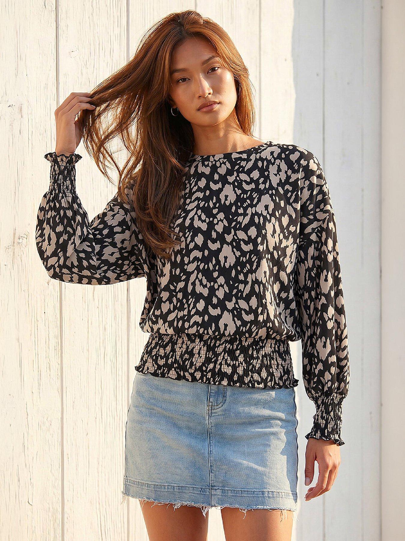 Roman Abstract Print Shirred Hem Top, Cream, Size 12, Women