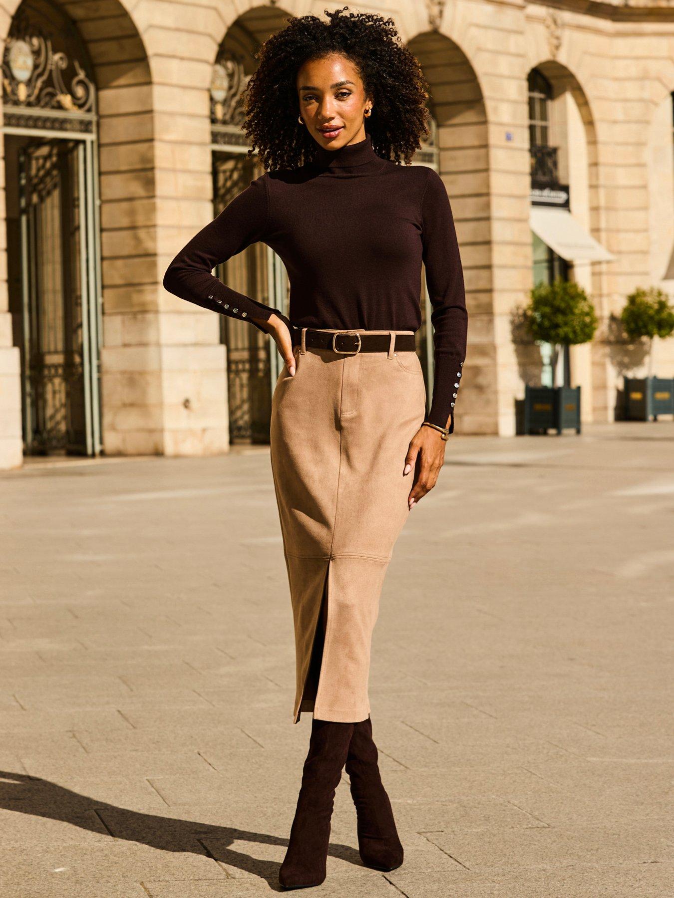 Sosandar Taupe Faux Suede Pencil Skirt, Brown, Size 16, Women
