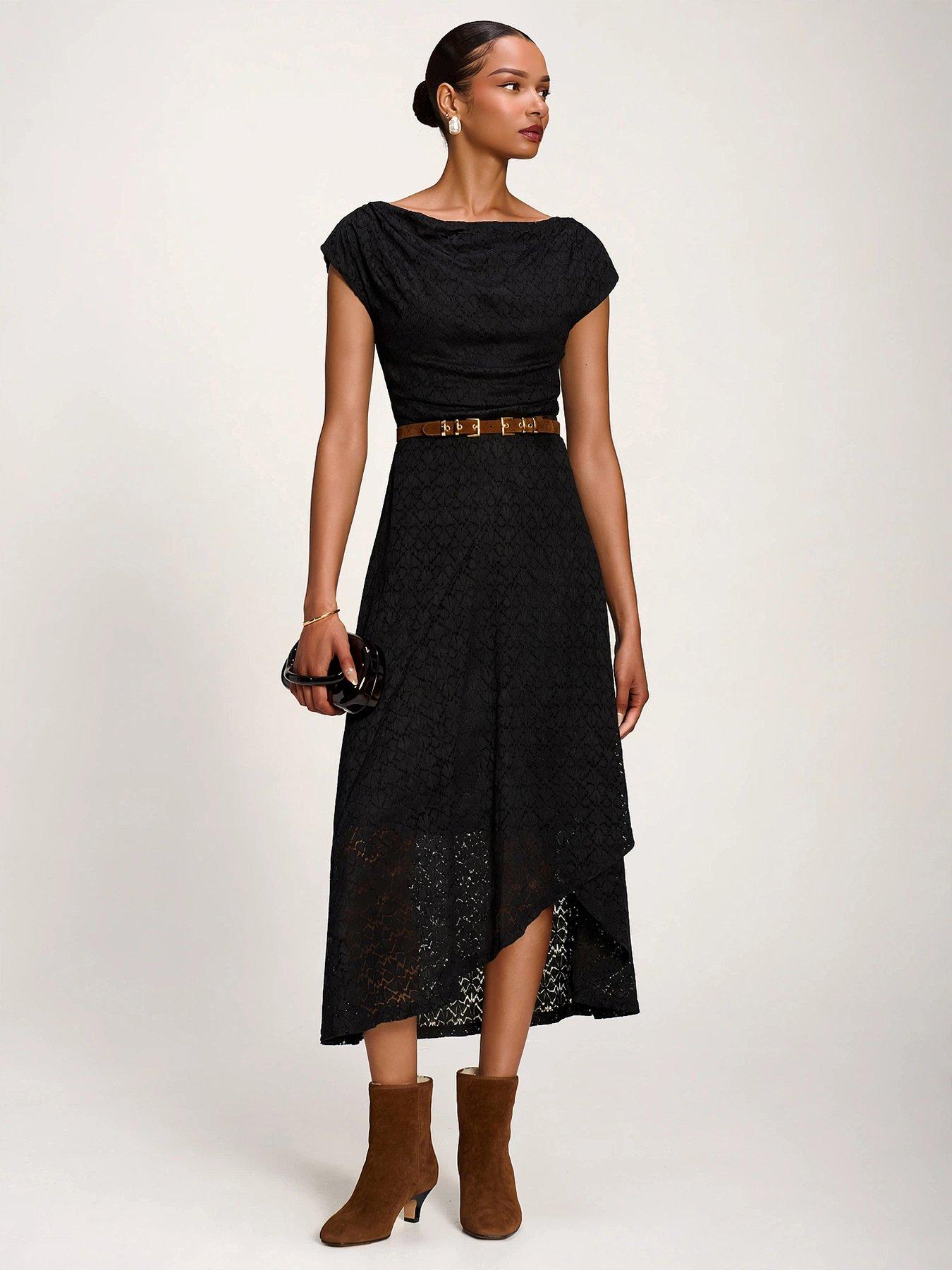 Jolie Moi Textured Asymmetrical Draped Midaxi Dress - Black