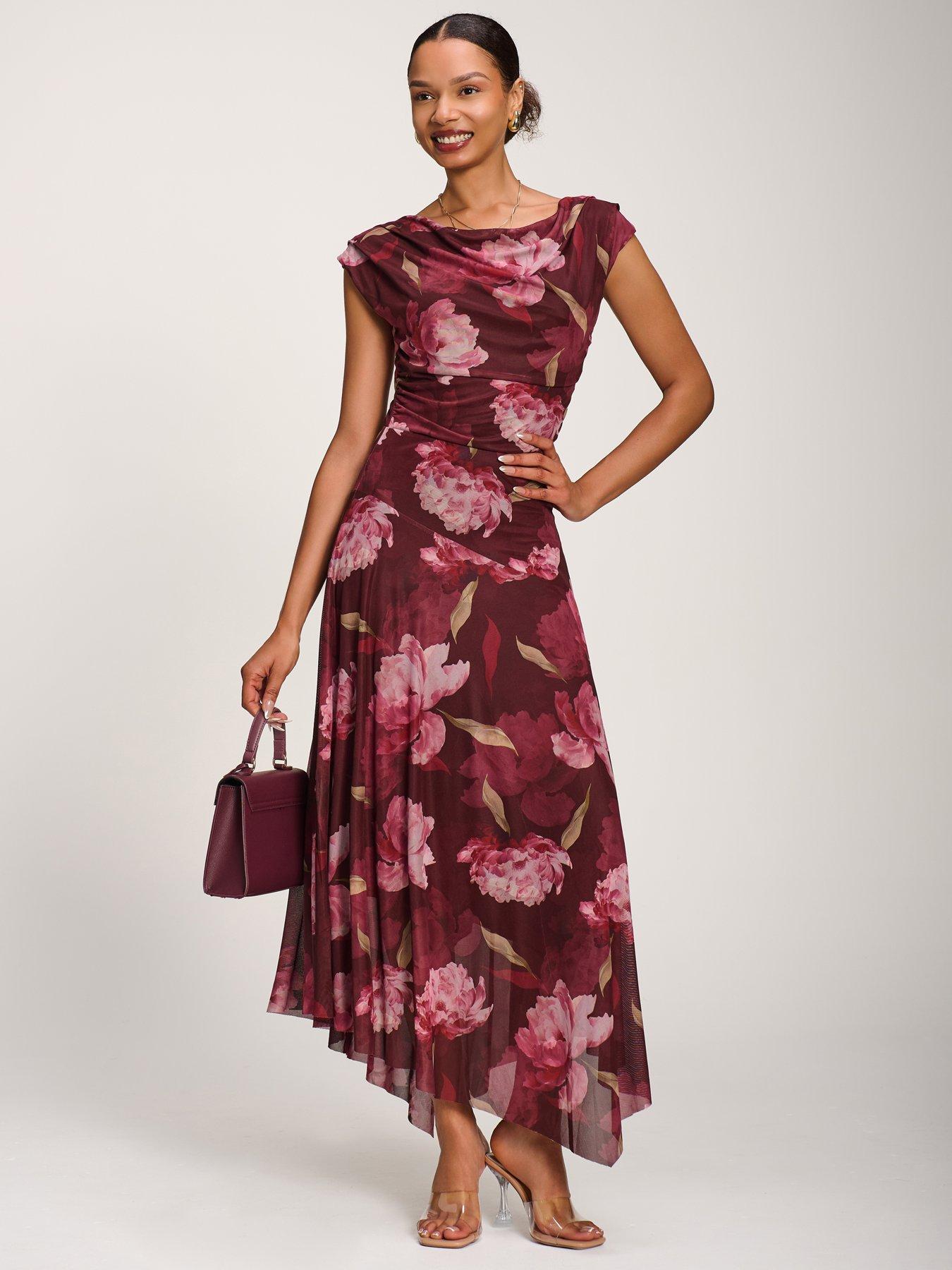 Jolie Moi Asymmetrical Draped Mesh Maxi Dress - Red