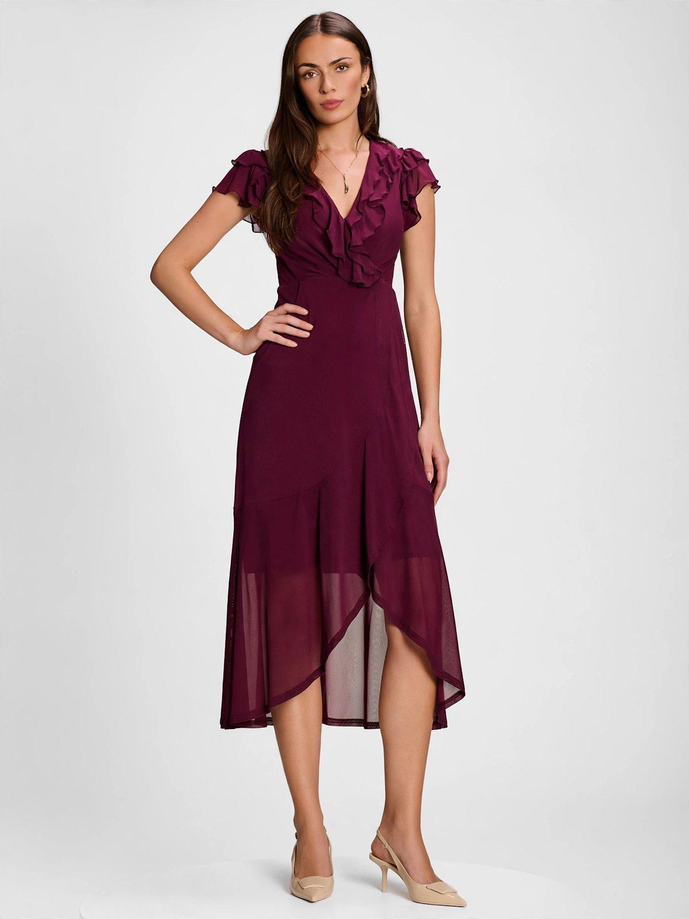 Image 1 of 7 of Jolie Moi Ruffled Mesh Maxi Dress - Purple