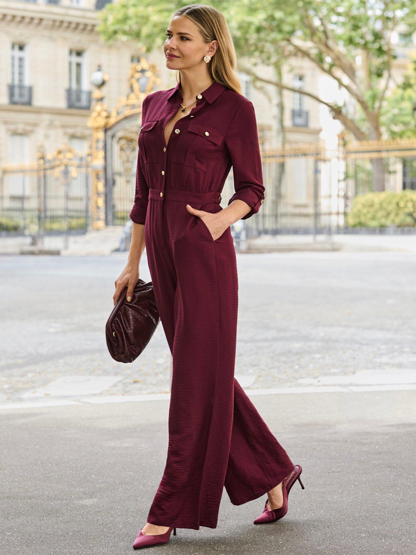 Image 1 of 6 of Sosandar Burgundy Button Front Jumpsuit - Red
