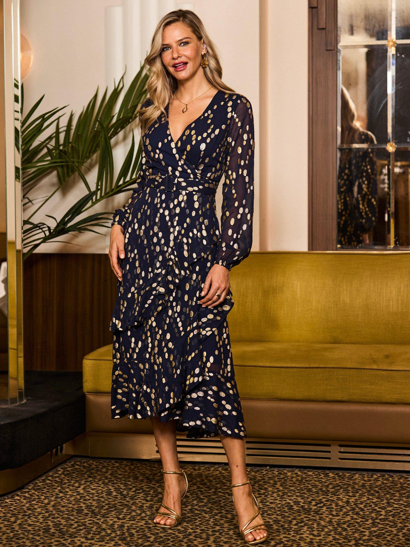 Image 2 of 5 of Sosandar Womens Metallic Spot Belted Ruffle Hem Dress - Navy
