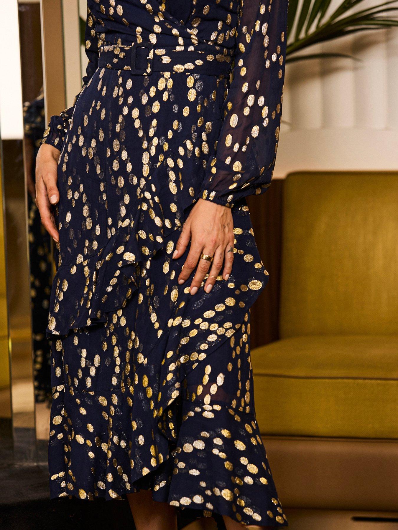 Image 4 of 5 of Sosandar Womens Metallic Spot Belted Ruffle Hem Dress - Navy