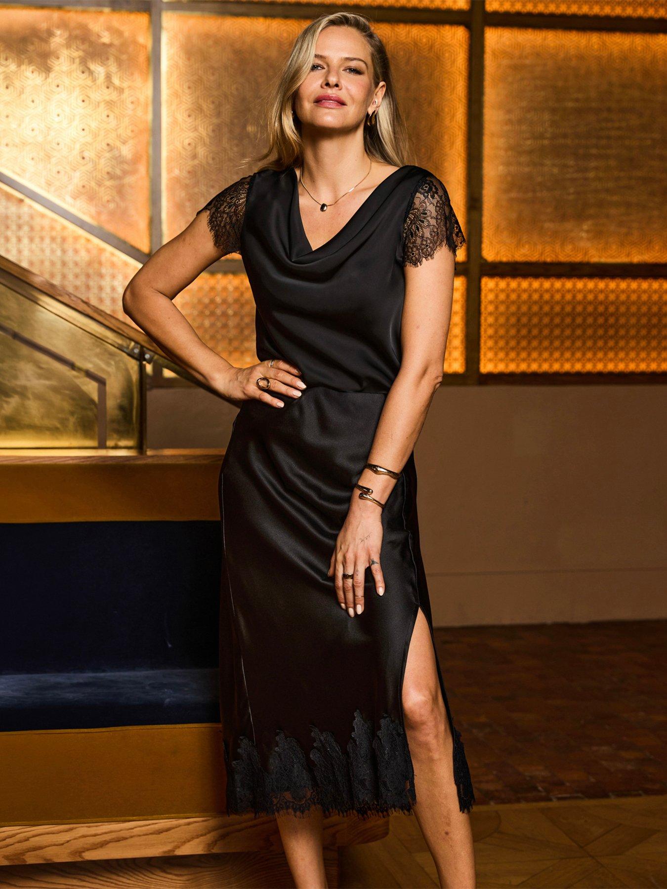 Sosandar Black Lace Sleeve Satin Cowl Neck Top - Image 3