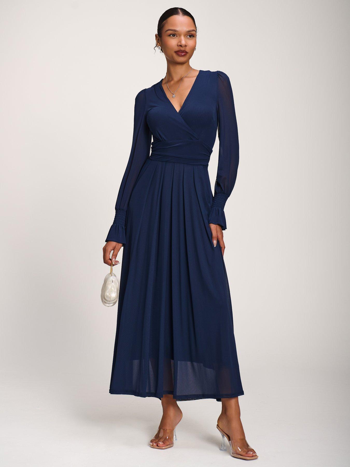 Image 1 of 7 of Jolie Moi Long Sleeve Mesh Maxi Dress - Navy