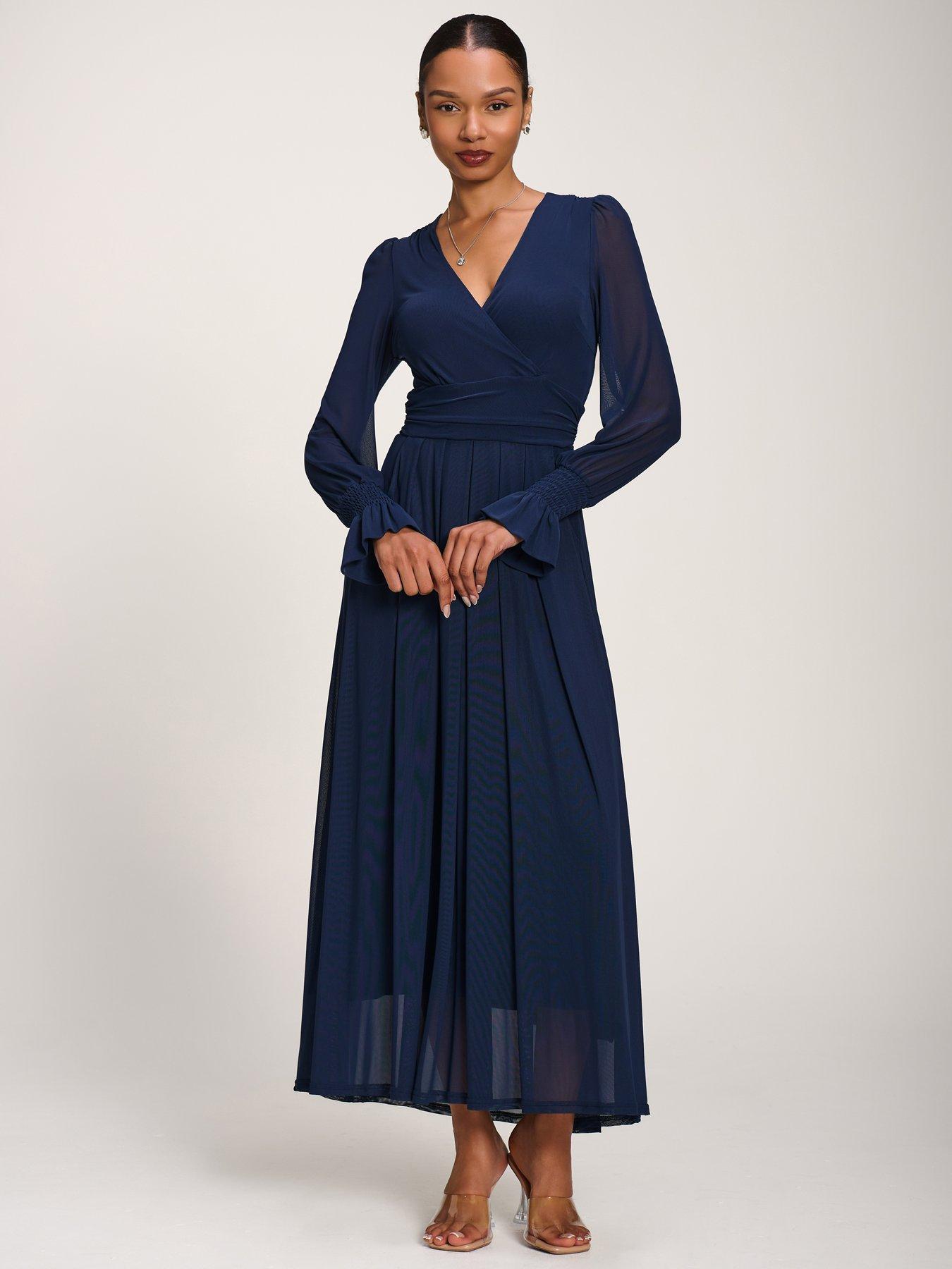 Image 3 of 7 of Jolie Moi Long Sleeve Mesh Maxi Dress - Navy