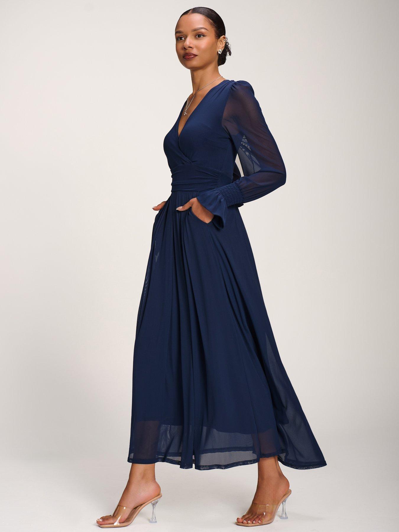 Image 5 of 7 of Jolie Moi Long Sleeve Mesh Maxi Dress - Navy