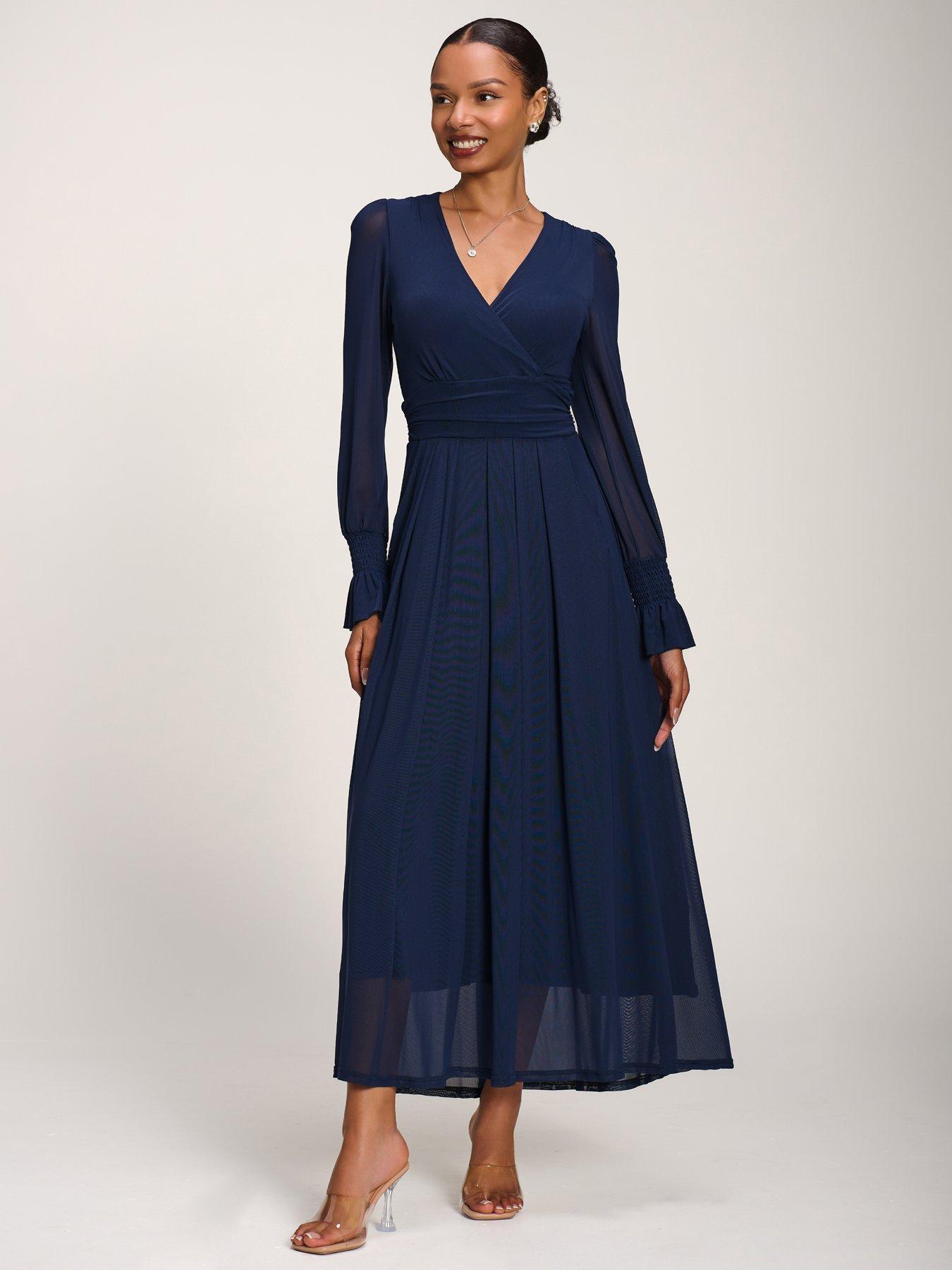 Image 7 of 7 of Jolie Moi Long Sleeve Mesh Maxi Dress - Navy