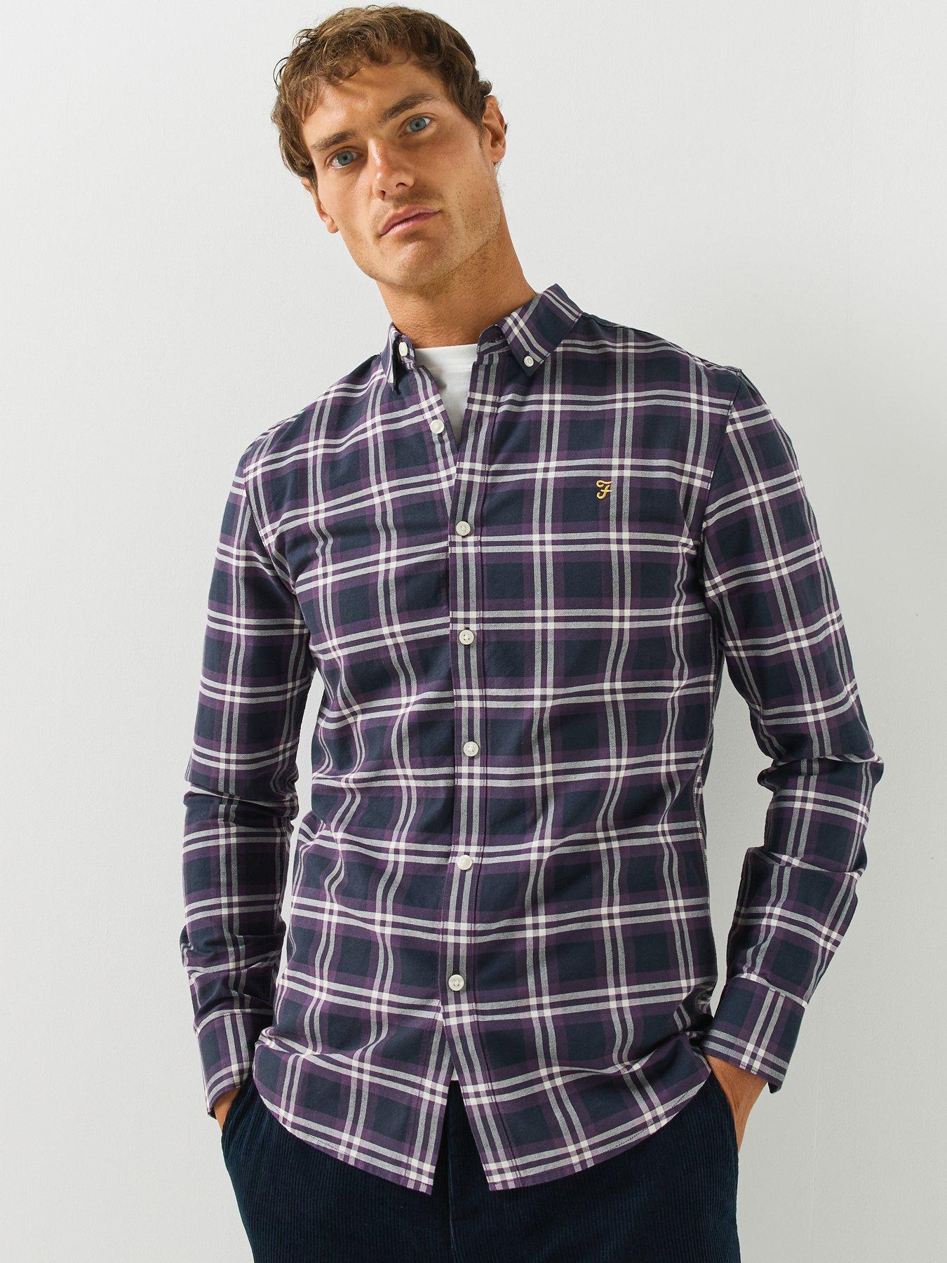 Farah Brewer Check Print Slim Fit Long Sleeve Shirt, Purple, Size S, Men