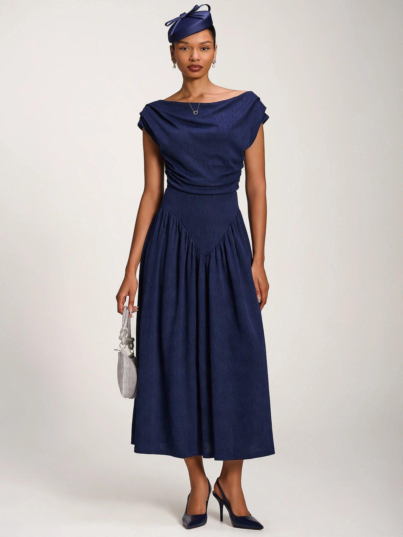 Image 1 of 7 of Jolie Moi Asymmetric Neckline Midaxi Dress - Navy