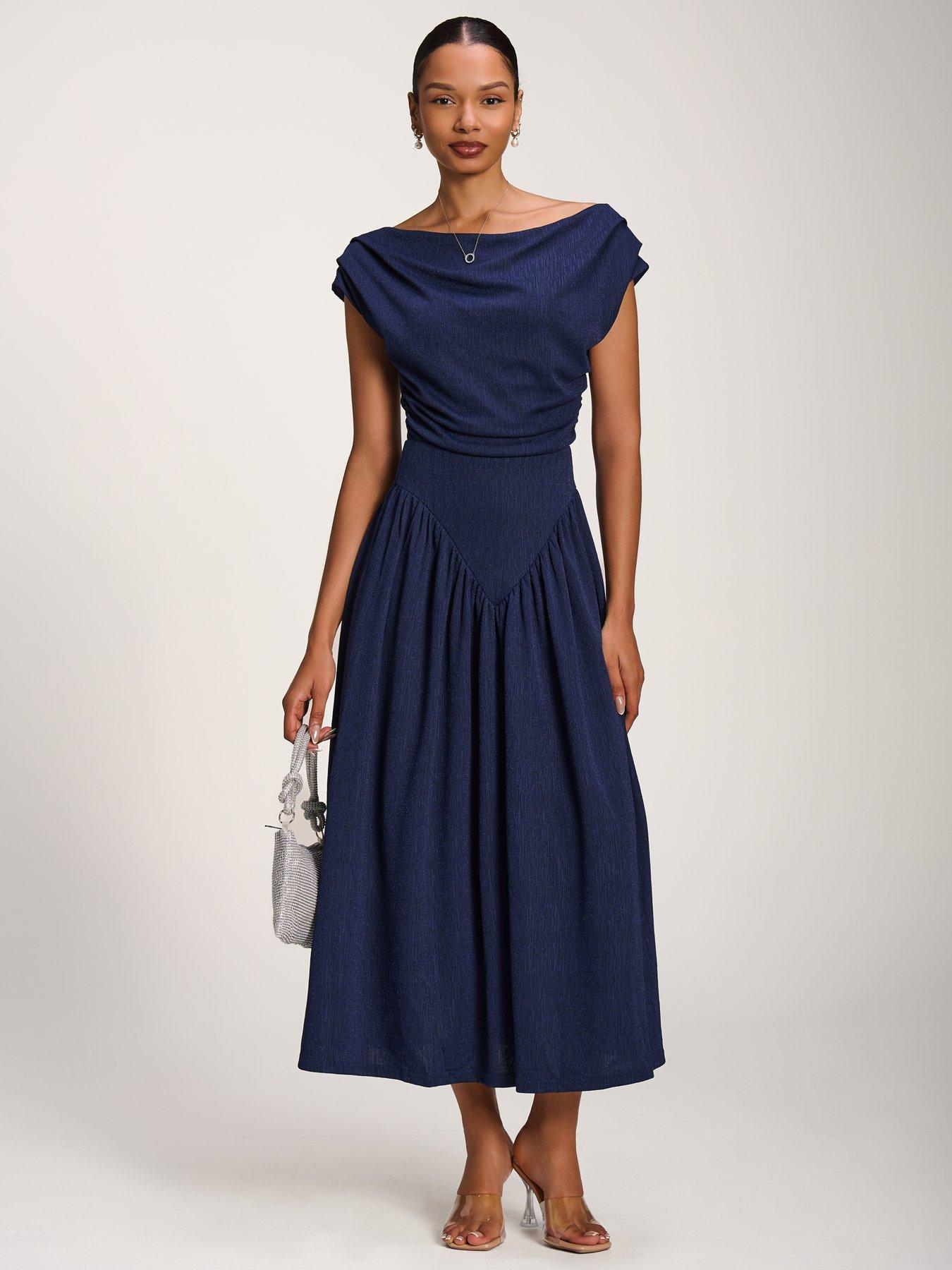 Image 5 of 7 of Jolie Moi Asymmetric Neckline Midaxi Dress - Navy