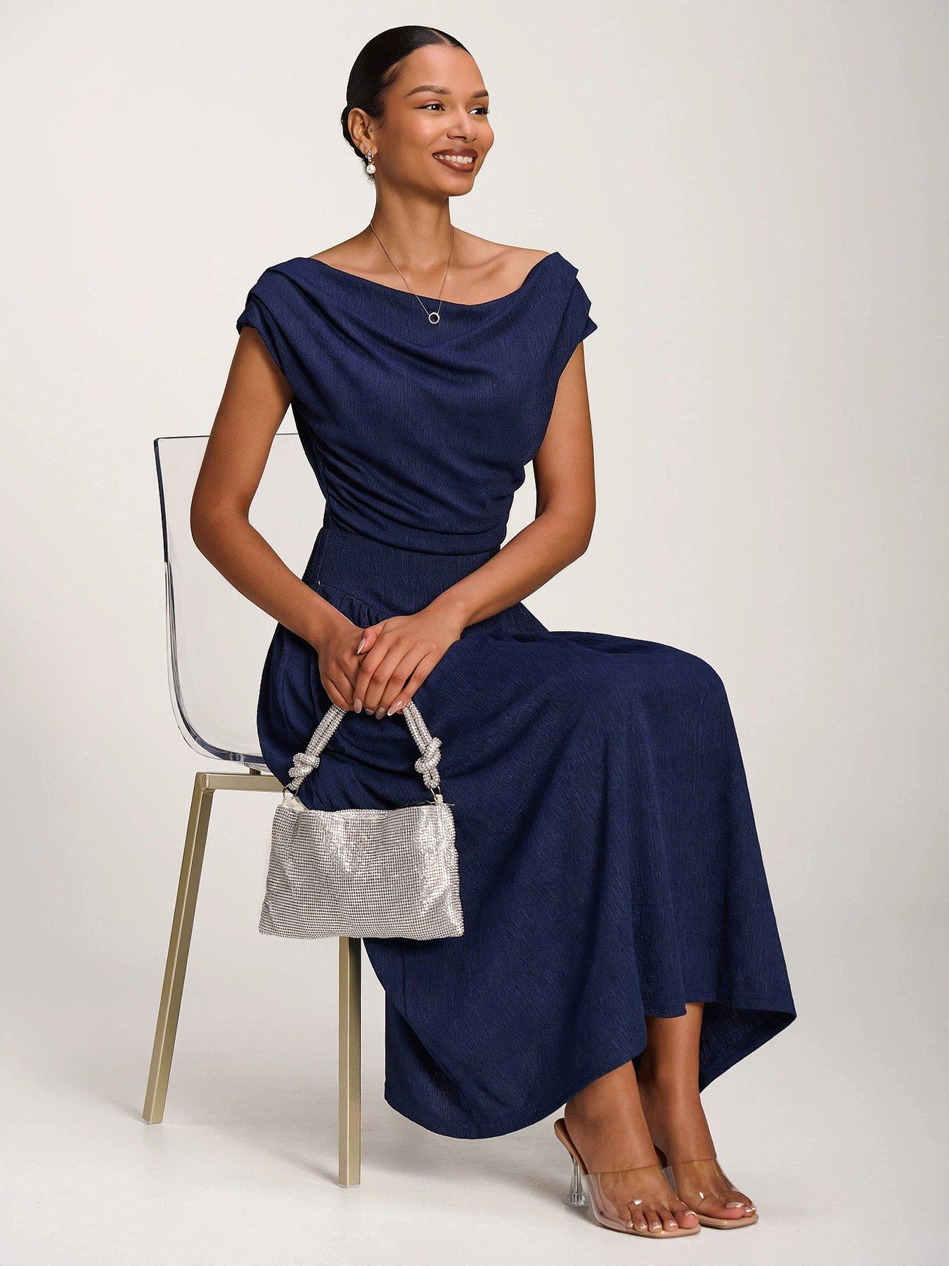Image 6 of 7 of Jolie Moi Asymmetric Neckline Midaxi Dress - Navy