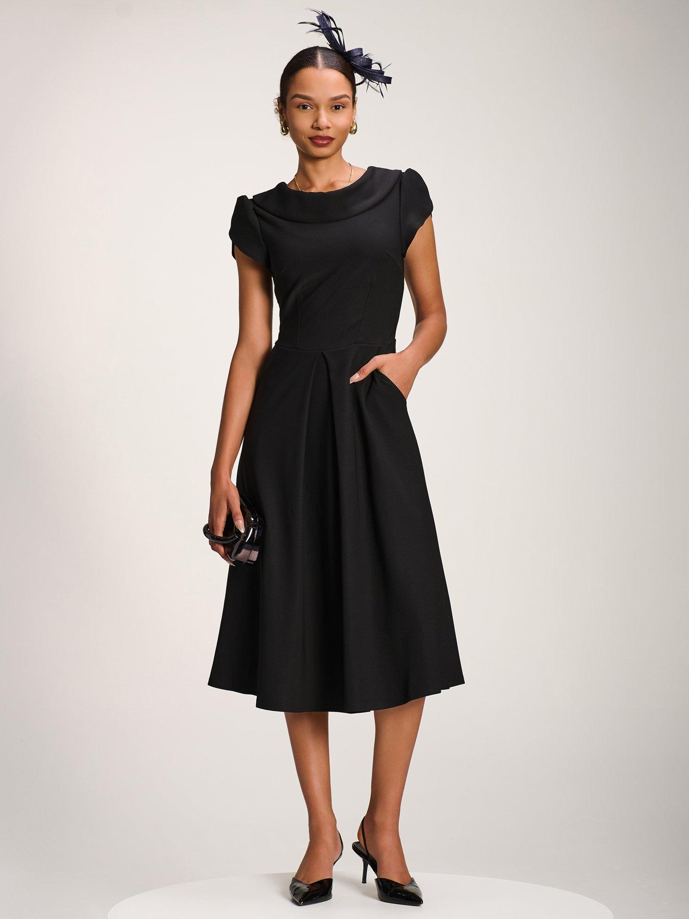 Jolie Moi Roll Neck Petal Sleeve Midi Dress - Black