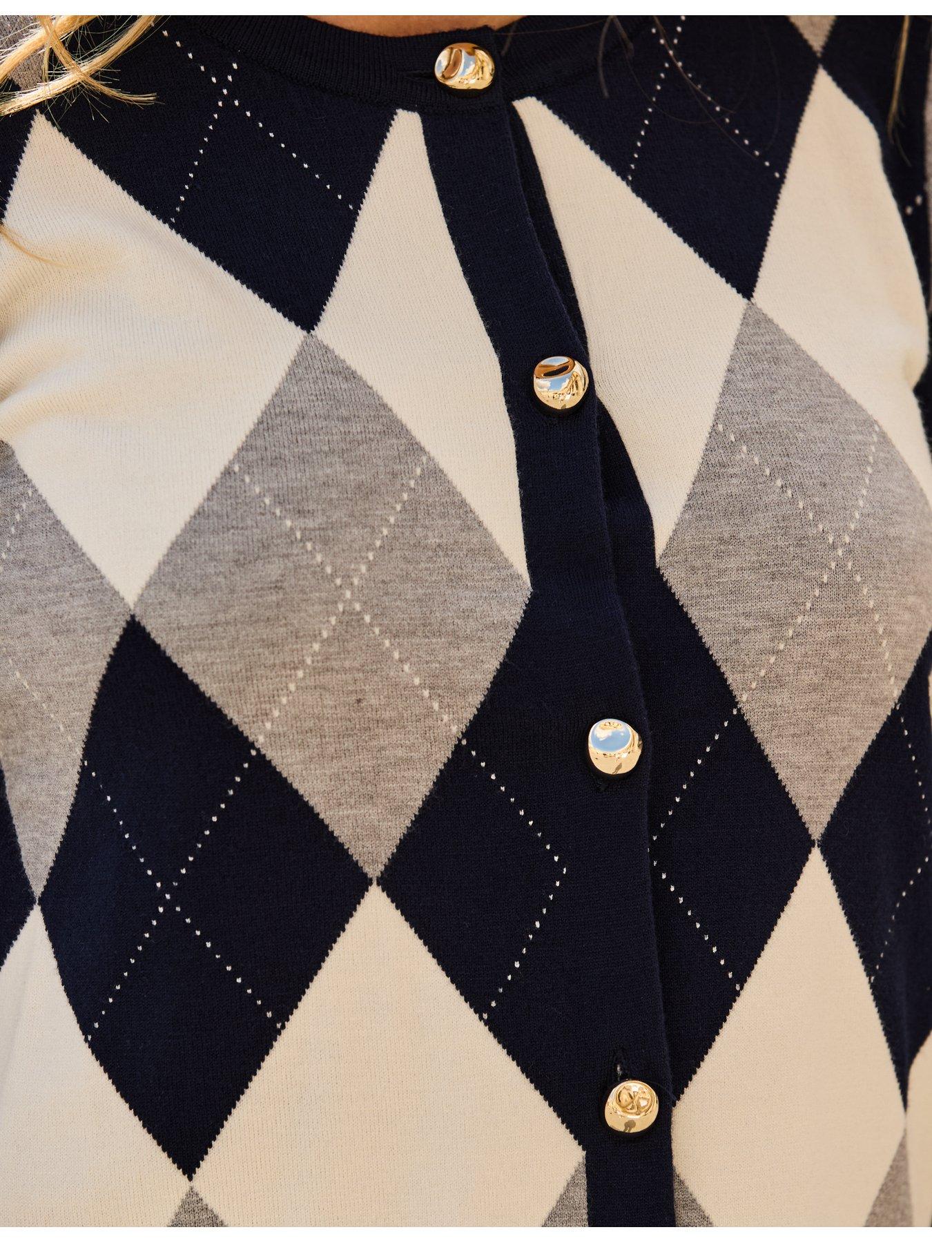 Image 4 of 6 of Sosandar Womens Argyle Gold Button Detail Cardigan - Navy