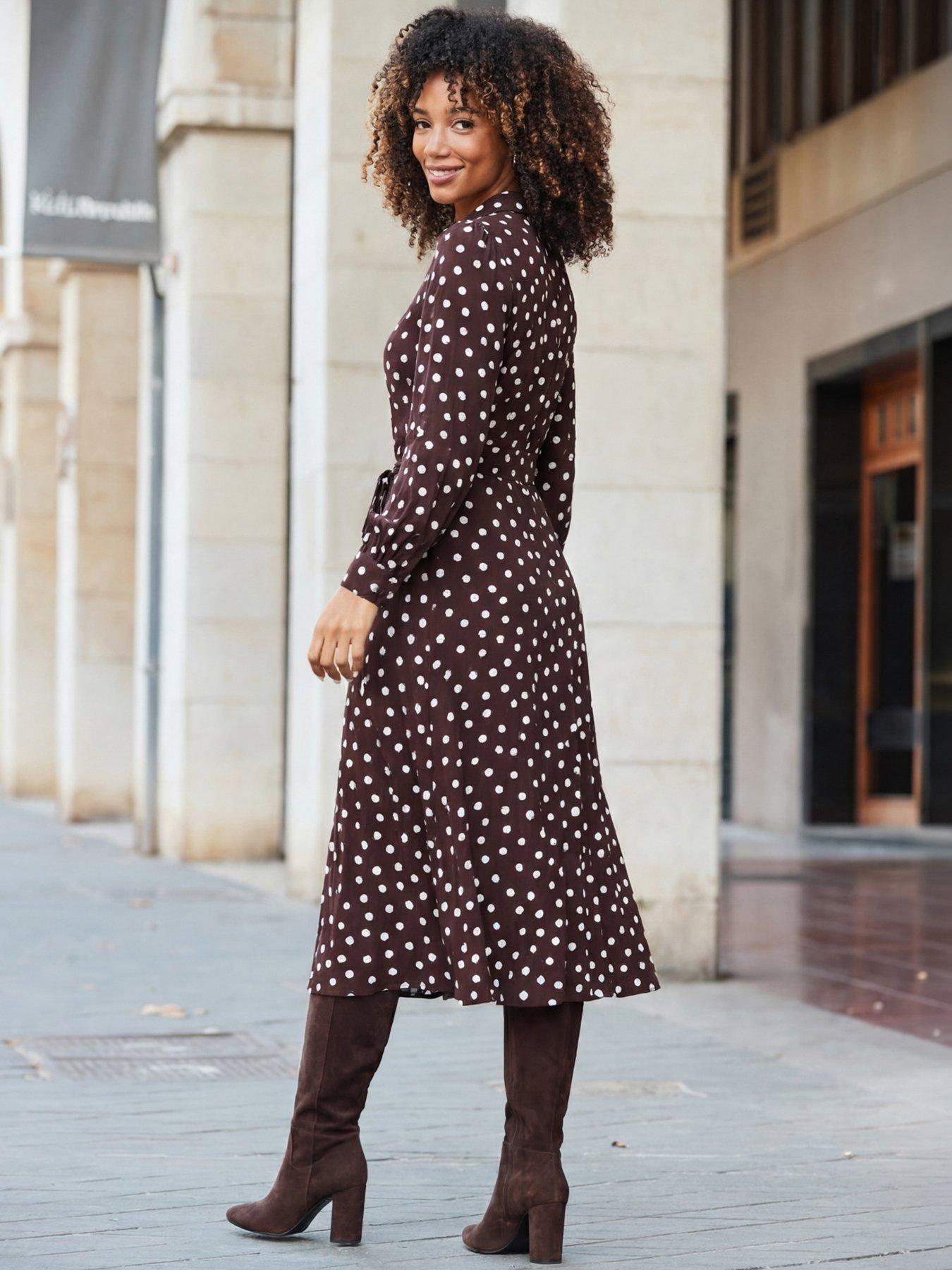 Image 2 of 5 of Sosandar Polka Dot Print Twist Front Shirt Dress - Chocolate Brown