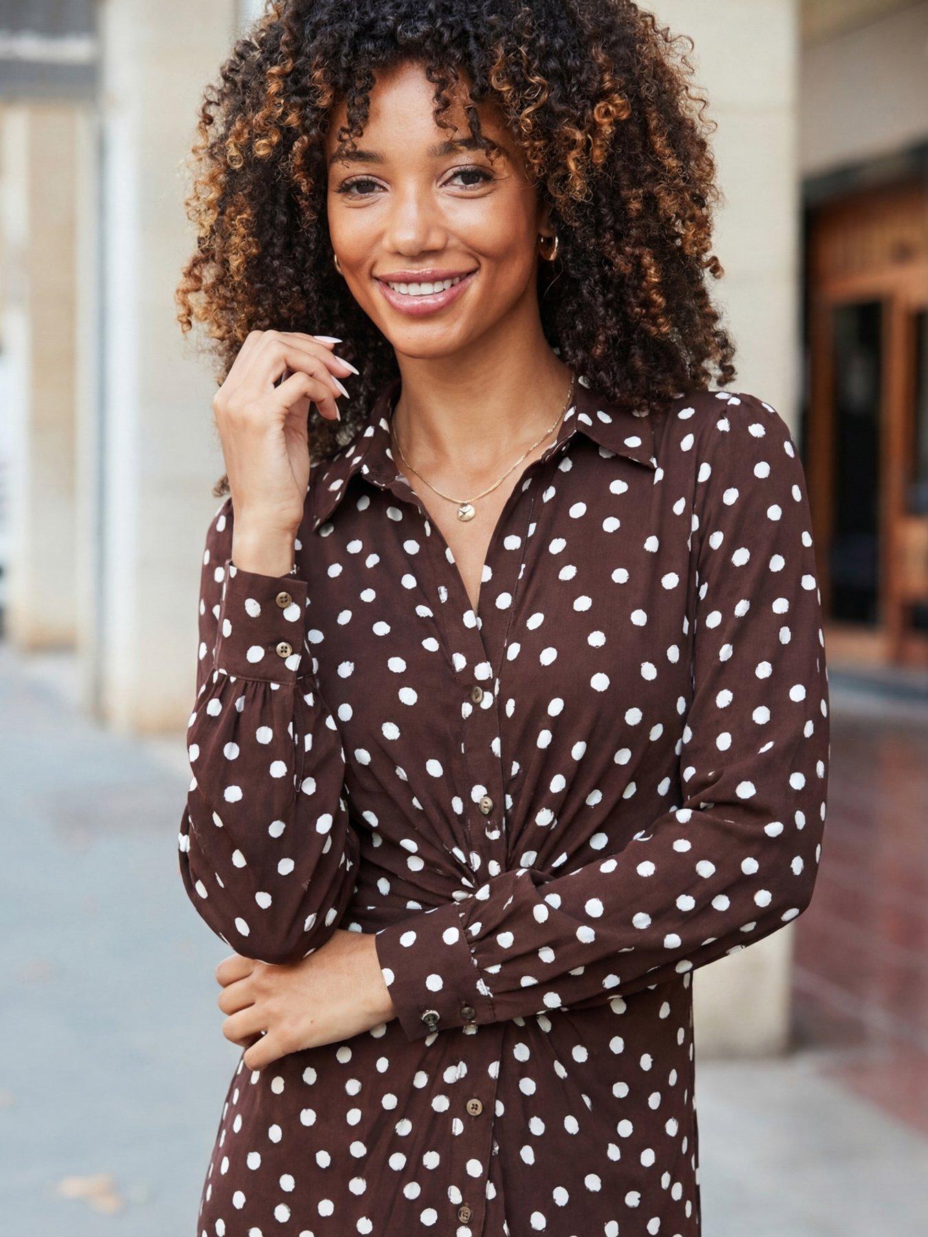 Image 3 of 5 of Sosandar Polka Dot Print Twist Front Shirt Dress - Chocolate Brown