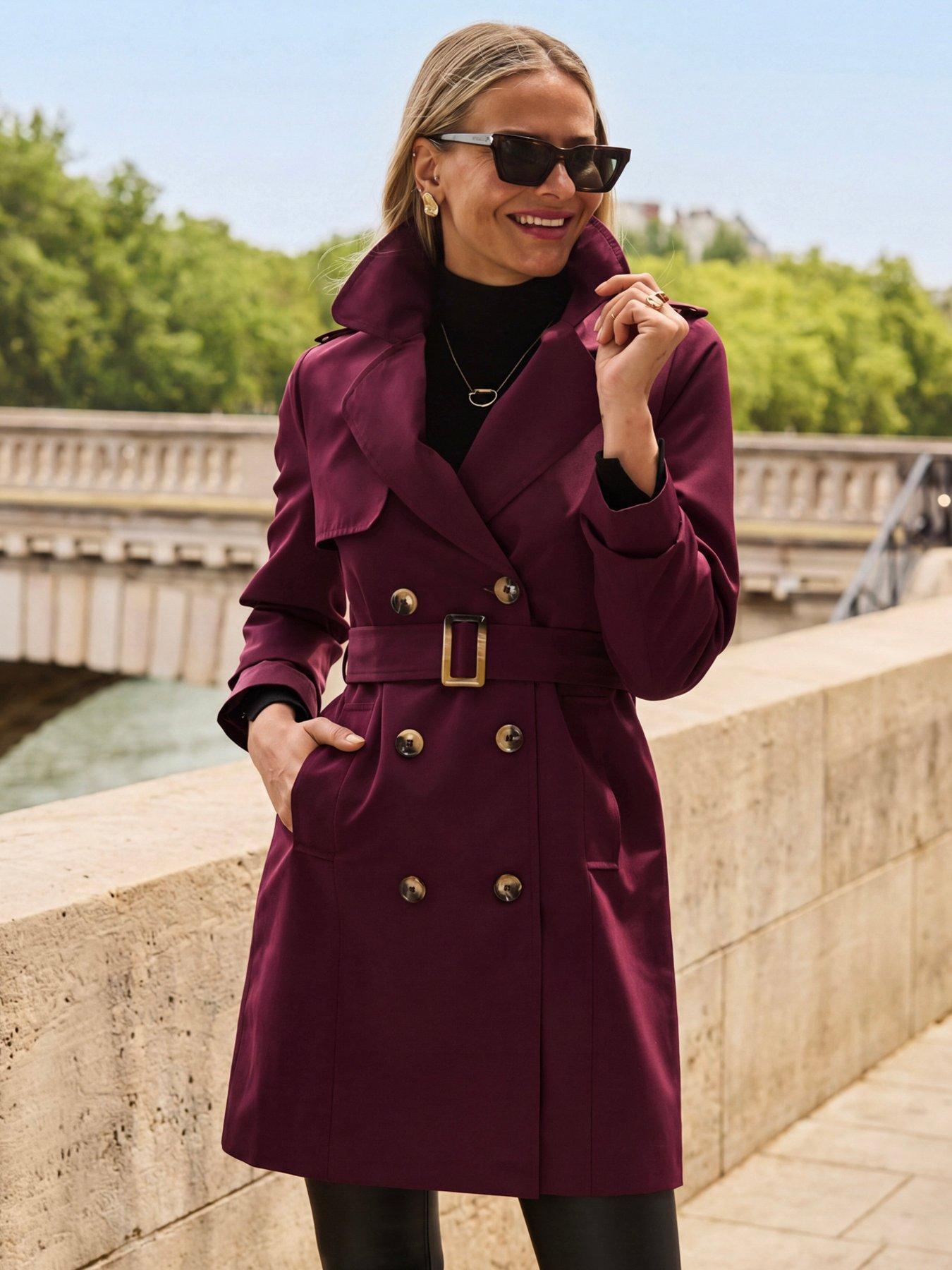 Image 1 of 6 of Sosandar Double Breasted Trench Coat With Pockets - Burgundy