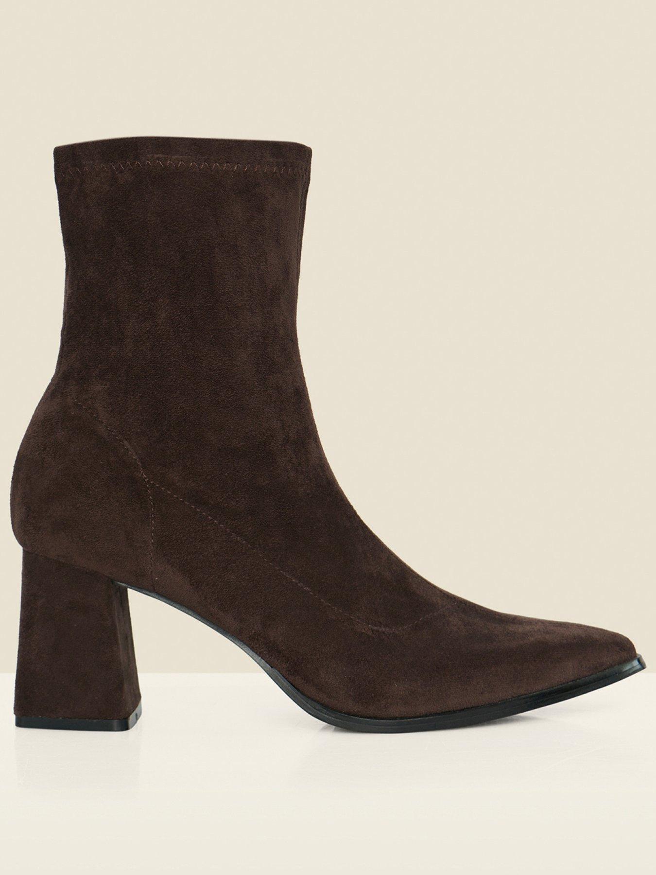 Image 1 of 4 of Sosandar Faux Suede Block Heel Ankle Boots - Brown