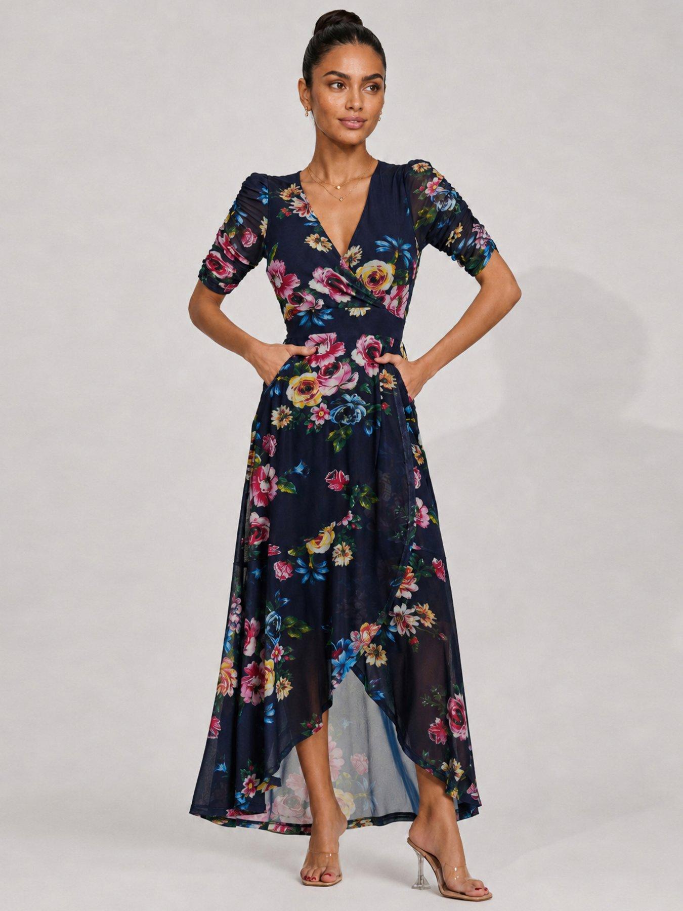 Image 1 of 7 of Jolie Moi Ruched Sleeve Mesh Maxi Dress - Navy