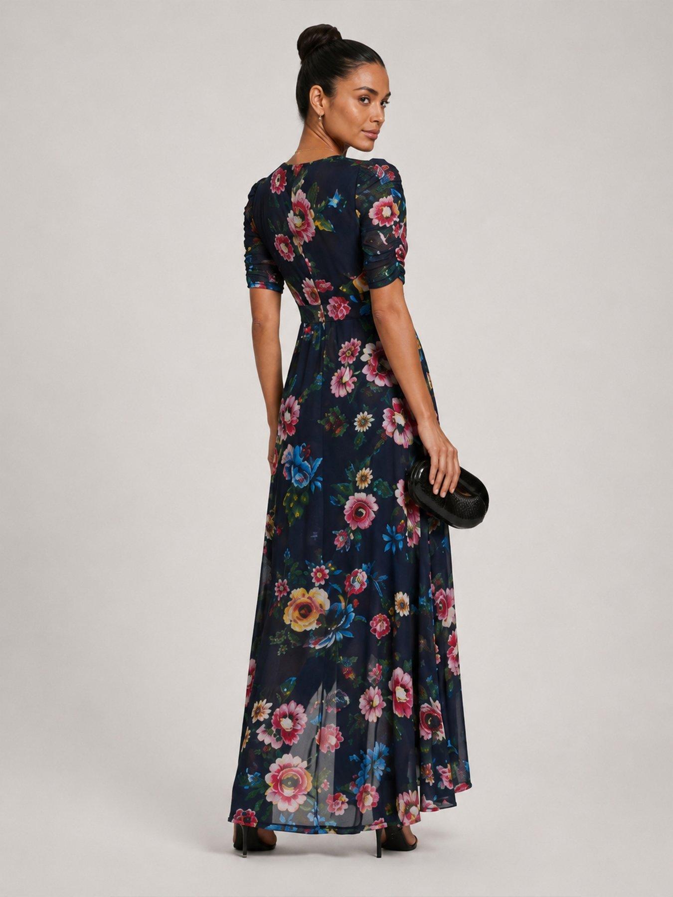 Image 2 of 7 of Jolie Moi Ruched Sleeve Mesh Maxi Dress - Navy