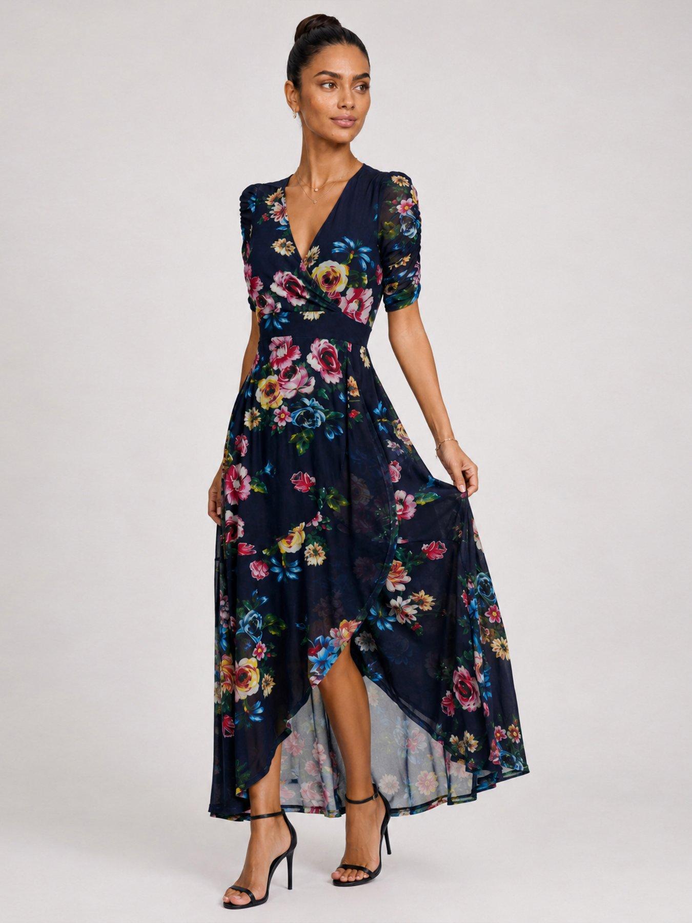 Image 3 of 7 of Jolie Moi Ruched Sleeve Mesh Maxi Dress - Navy