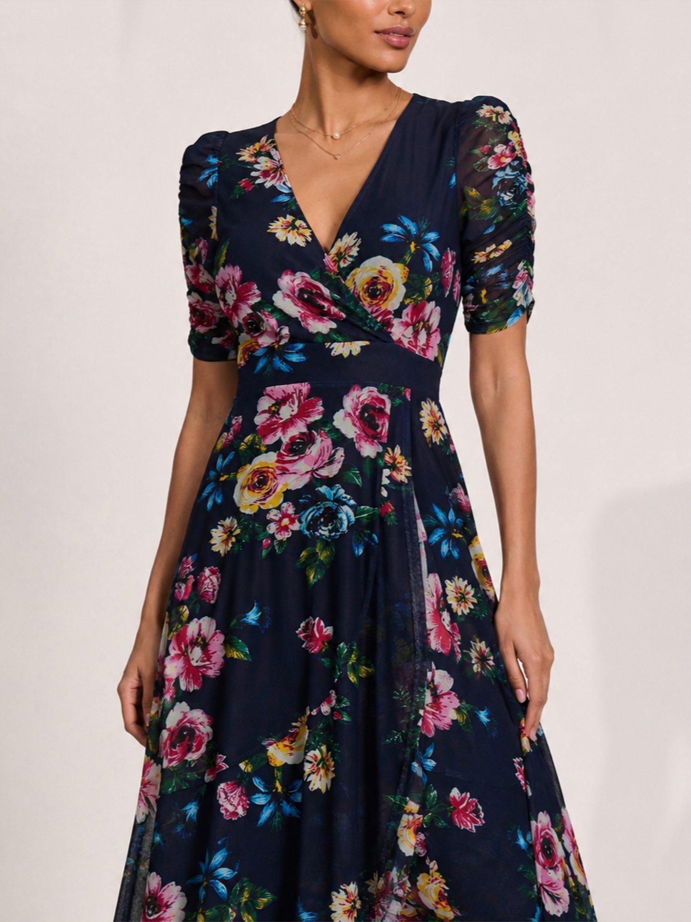 Image 4 of 7 of Jolie Moi Ruched Sleeve Mesh Maxi Dress - Navy