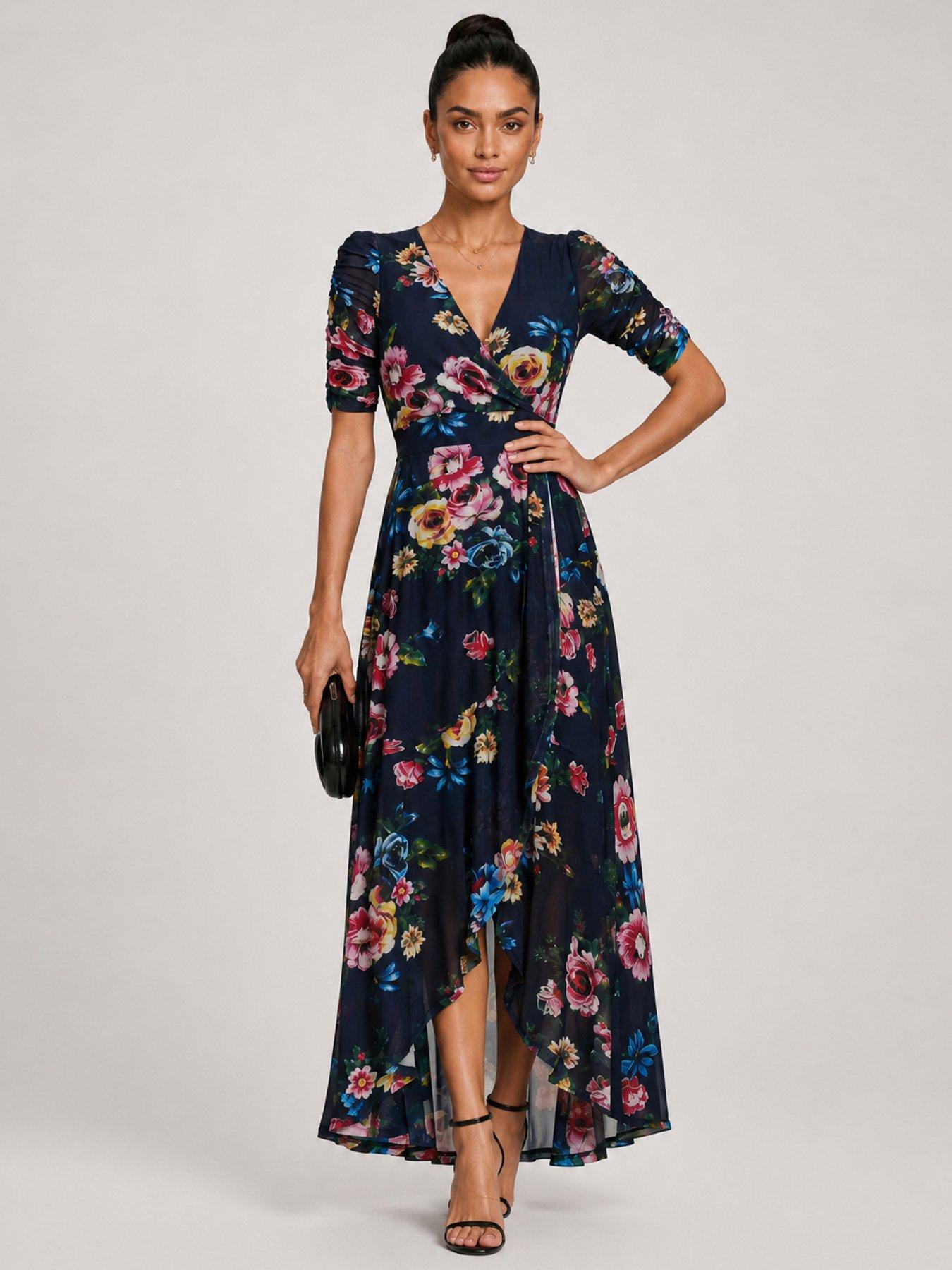 Image 5 of 7 of Jolie Moi Ruched Sleeve Mesh Maxi Dress - Navy