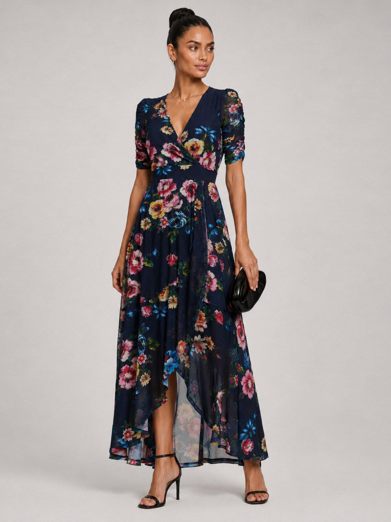 Image 6 of 7 of Jolie Moi Ruched Sleeve Mesh Maxi Dress - Navy