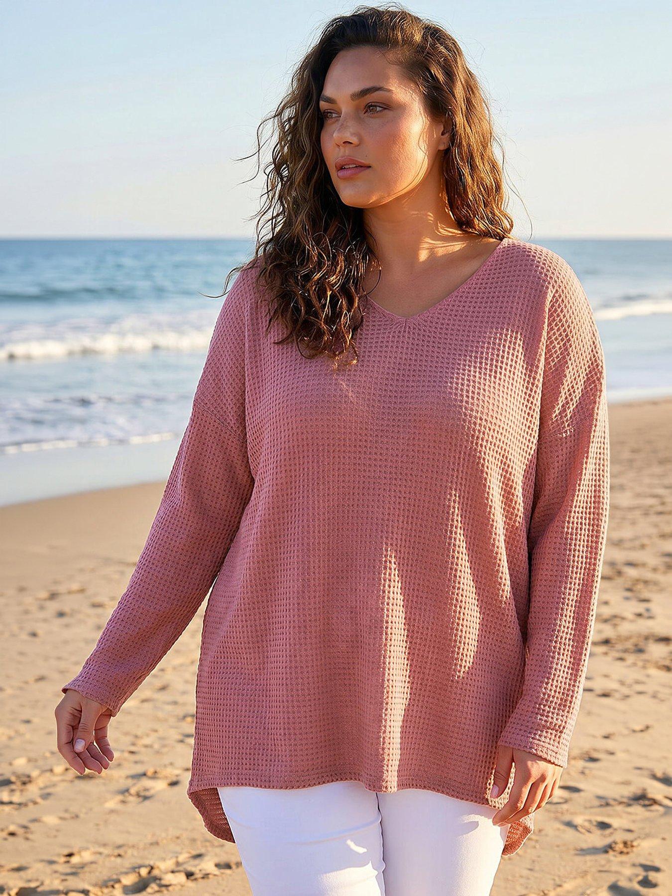 Roman Curve Textured V-neck Stretch Top, Pink, Size 22-24, Women