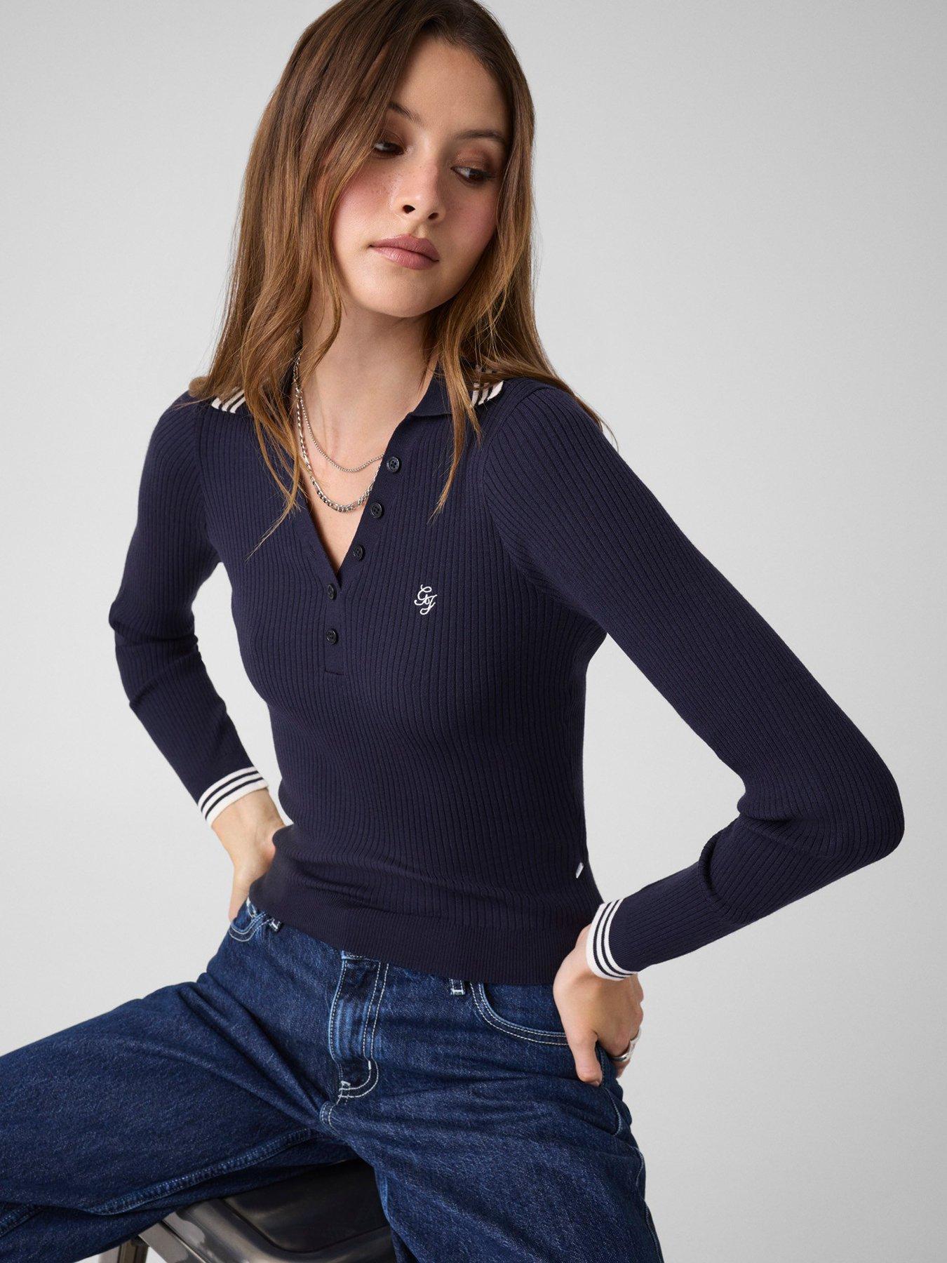 Guess Jeans Long Sleeve Polo Embellished Sweatshirt - Blue