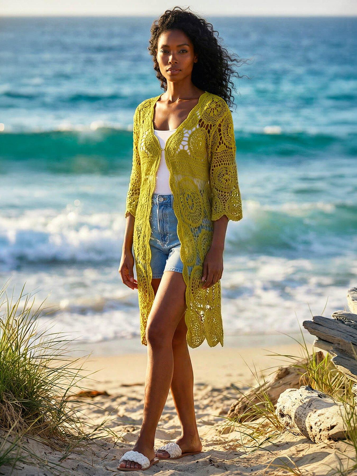 Roman Originals Women's Olive Roman Crochet Longline Knit Cardigan Size S - Image 3