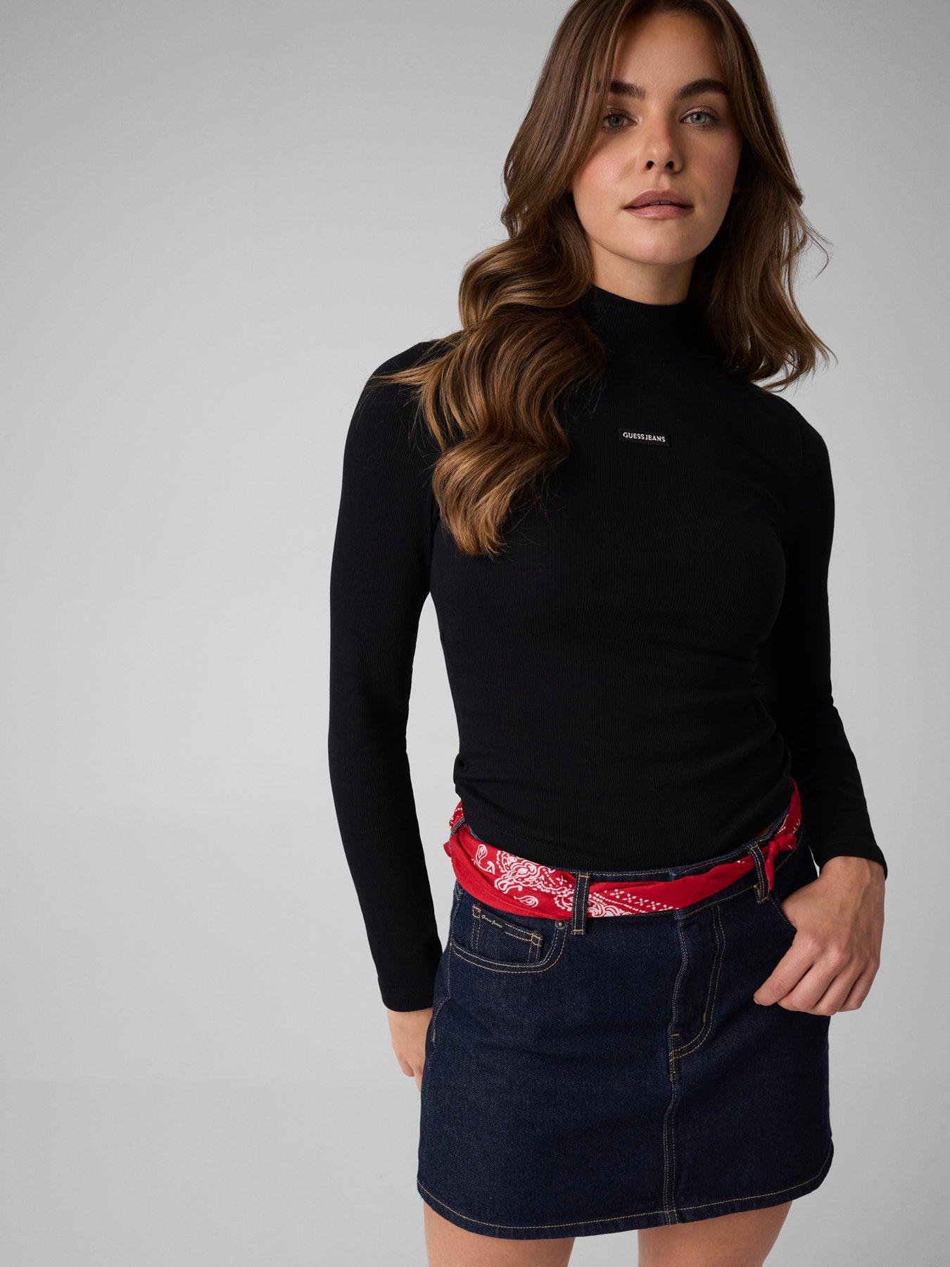 Guess Jeans Patch Long Sleeve Mock Neck Rib Top - Black