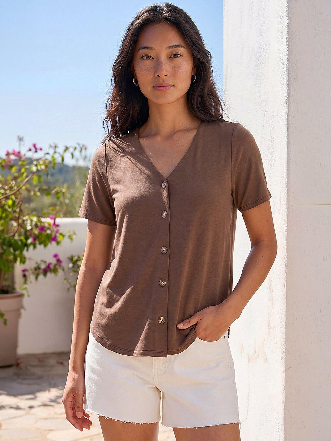 Roman Women's Chocolate Petite V-Neck Buttoned Blouse In | Size: 14 - Image 2