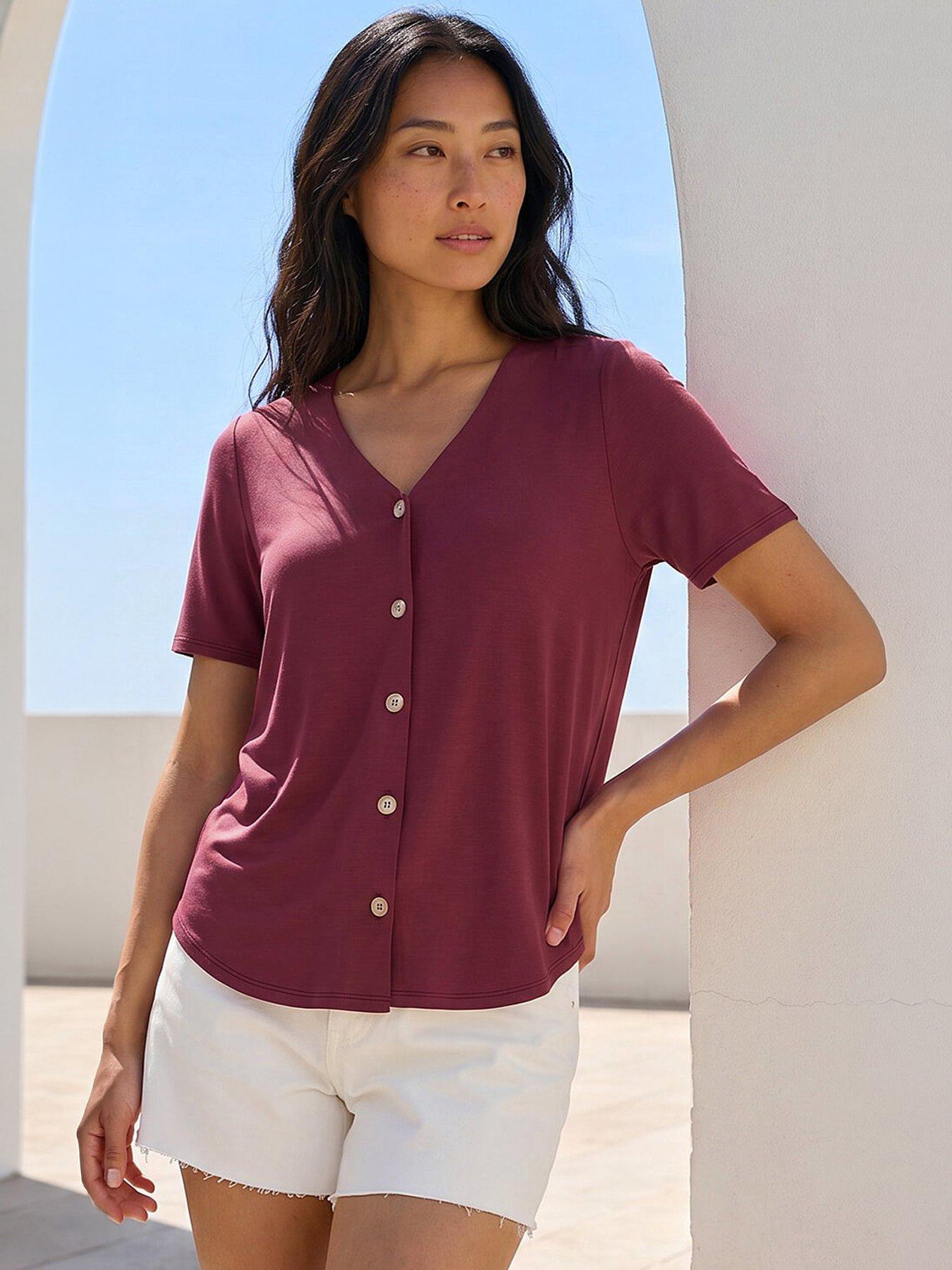 Roman Petite V-neck Buttoned Blouse, Red, Size 10, Women