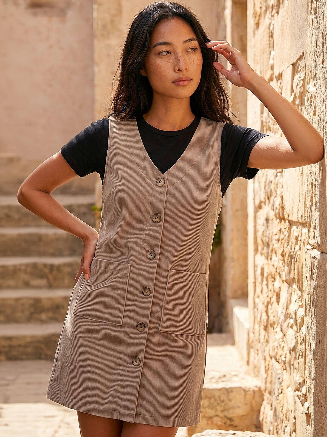 Roman Petite Cord Pinafore Dress, Grey, Size 10, Women