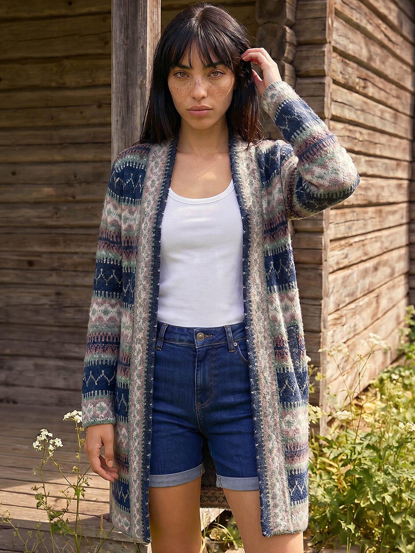 Roman Petite Aztec Longline Cardigan, Navy, Size 18, Women