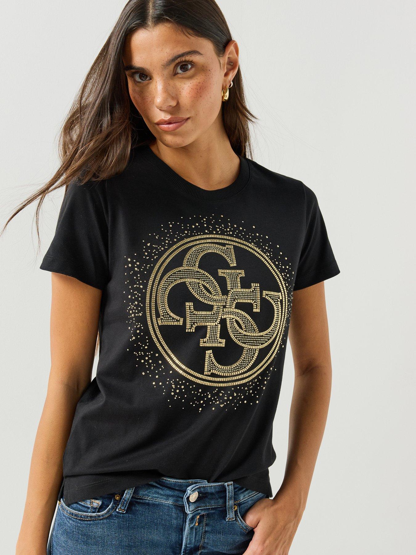 Guess Women's Noir T-Shirt Round Neck Woman Crystals Logo 4G - Image 2