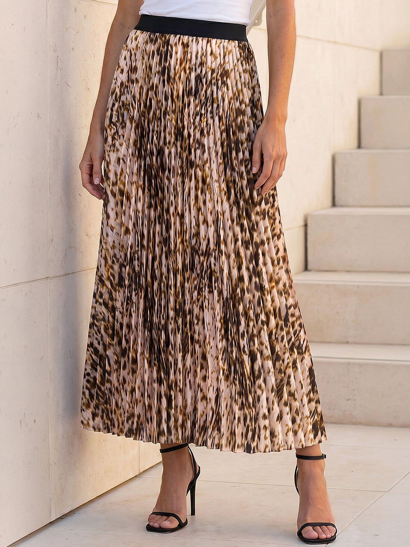 Roman Animal Print Pleated Midi Skirt, Cream, Size 20, Women