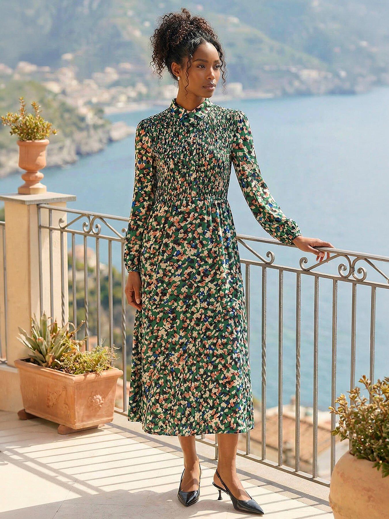 Roman Speckled Print Shirred Midi Dress, Green, Size 18, Women